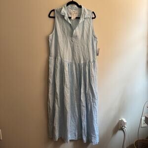 New Frank & Eileen Daphne Shirt Dress Midi Blue Striped Linen Sleeveless Sz S
